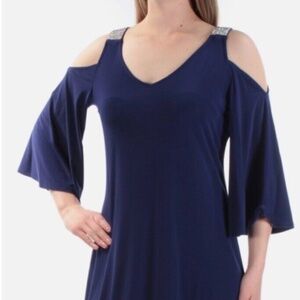 MSK Embellished Cold Shoulder Cocktail Dress Rhinestone Navy Blue